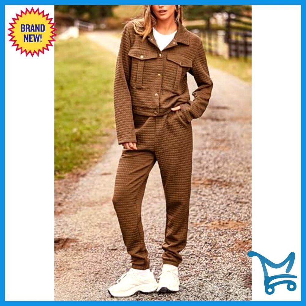 Long Sleeve Button Down Shacket Jacket Sweatpants Tracksuit Set Winter - Picture 4 of 7